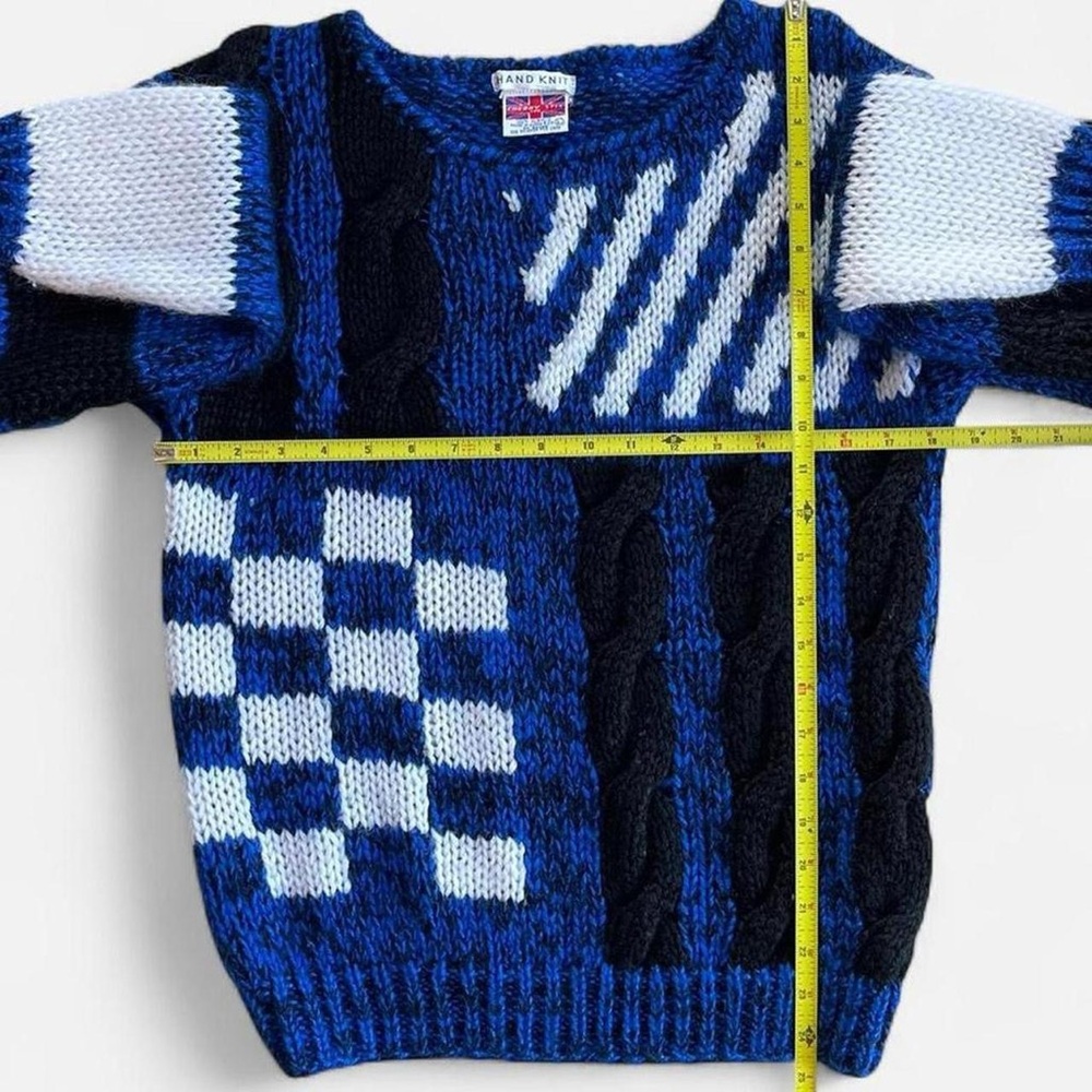 Vintage Cherry Stix Hand Knit Blue Black White  Geometric Checkered Sweater - Picture 4 of 6